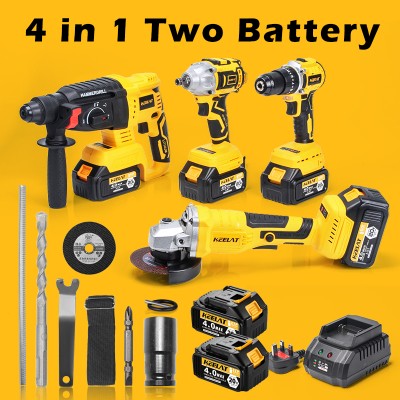 KEELAT四合一无刷无绳冲击扳手冲击钻旋转锤钻角磨机同电池一箱工具套装，带20V 4.0Ah锂离子电池